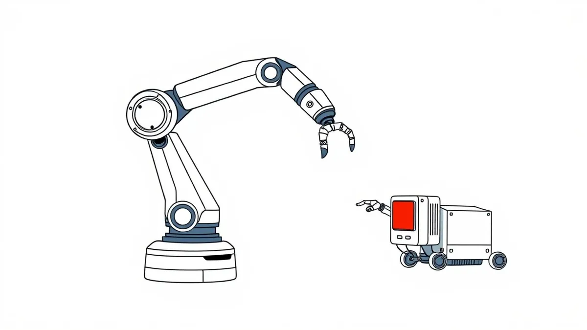 Illustration: A sleek, autonomous robot arm extends toward a red emergency stop button but halts inches away, illustrating hesitation and required human oversight.