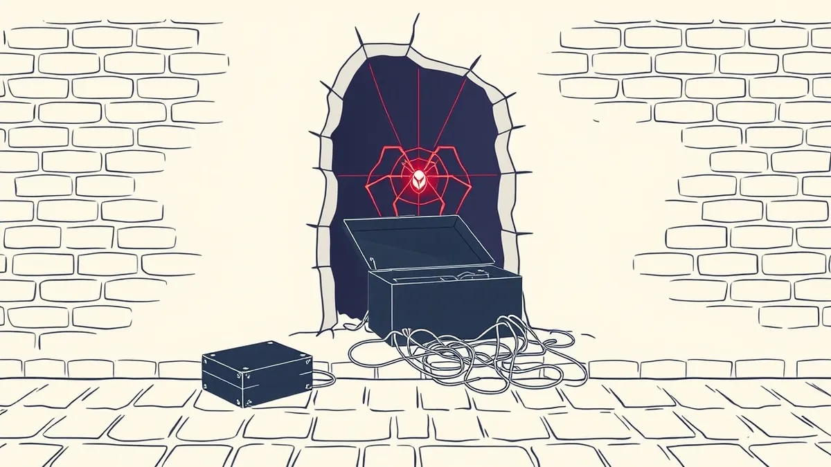 Illustration: A cracked brick wall reveals a dark interior where a glowing red spider web pulses.