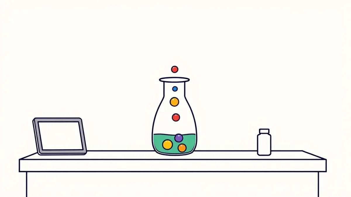 Illustration: A small glass beaker sits on a lab bench, containing just three distinct colored liquid drops.