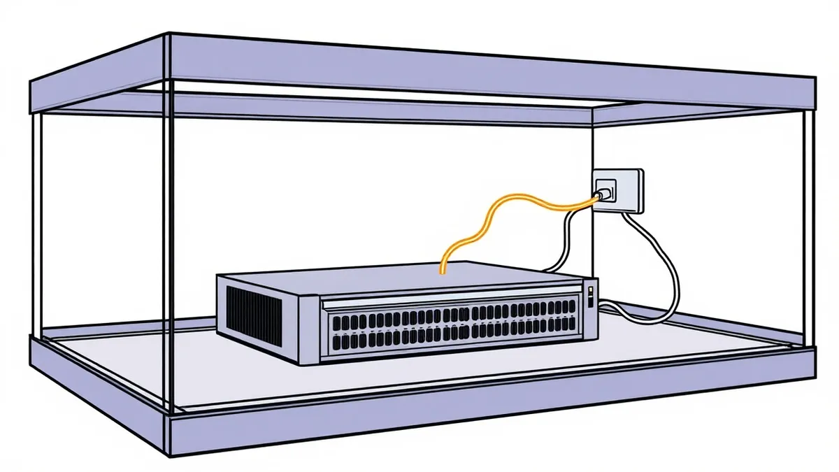 Illustration: A sleek server blade sits inside a transparent glass sandbox box.