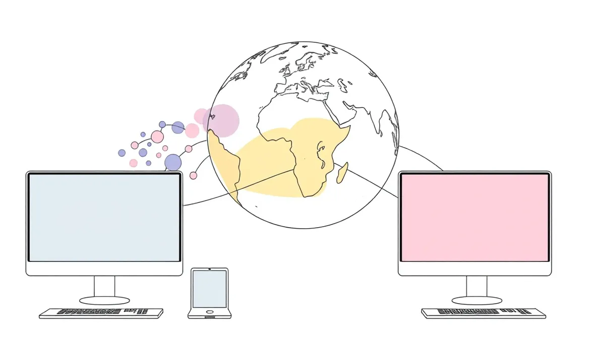Illustration: A transparent globe floats above a network map, displaying distinct colored zones that represent different autonomous systems.