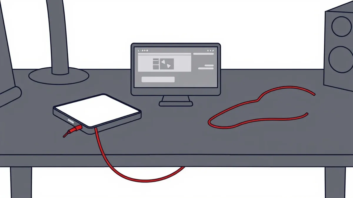 Illustration: A smartphone rests on a dark desk, its screen displaying a blurred, abstract view of a distant computer interface.
