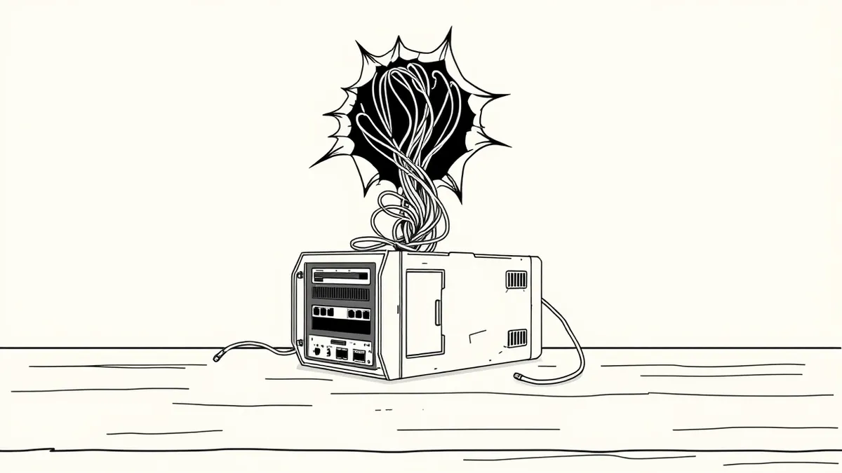 Illustration: A single rugged server box sits isolated on a dusty wooden desk, its metal casing dented and scratched.