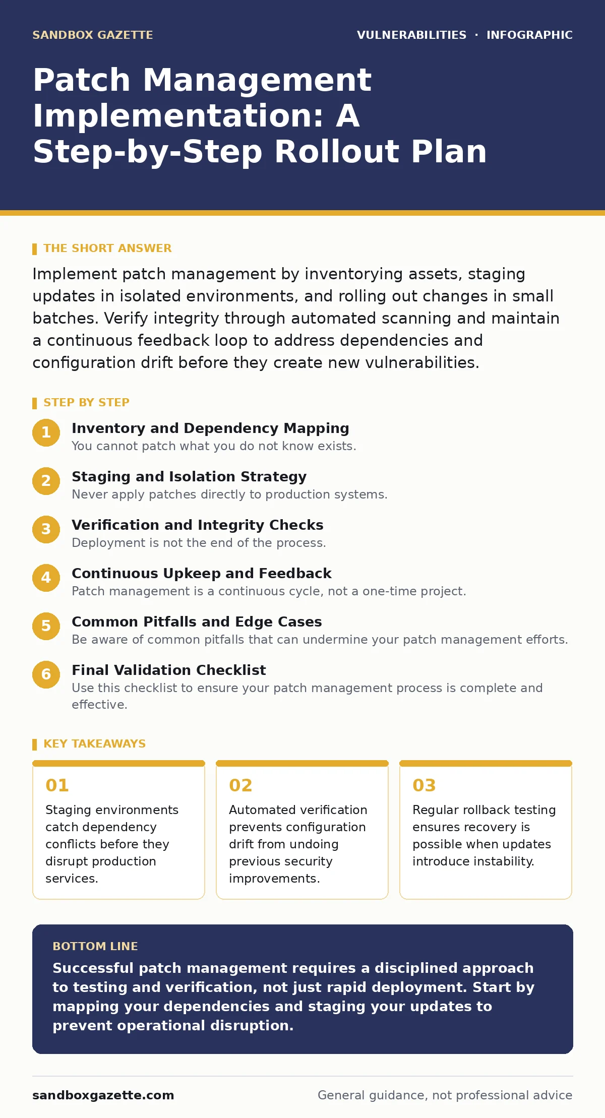 Infographic: Patch Management Implementation: A Step-by-Step Rollout Plan. Staging environments catch dependency conflicts before they disrupt production services. Automated verification prevents configuration drift from undoing previous security improvements. Regular rollback testing ensures recove