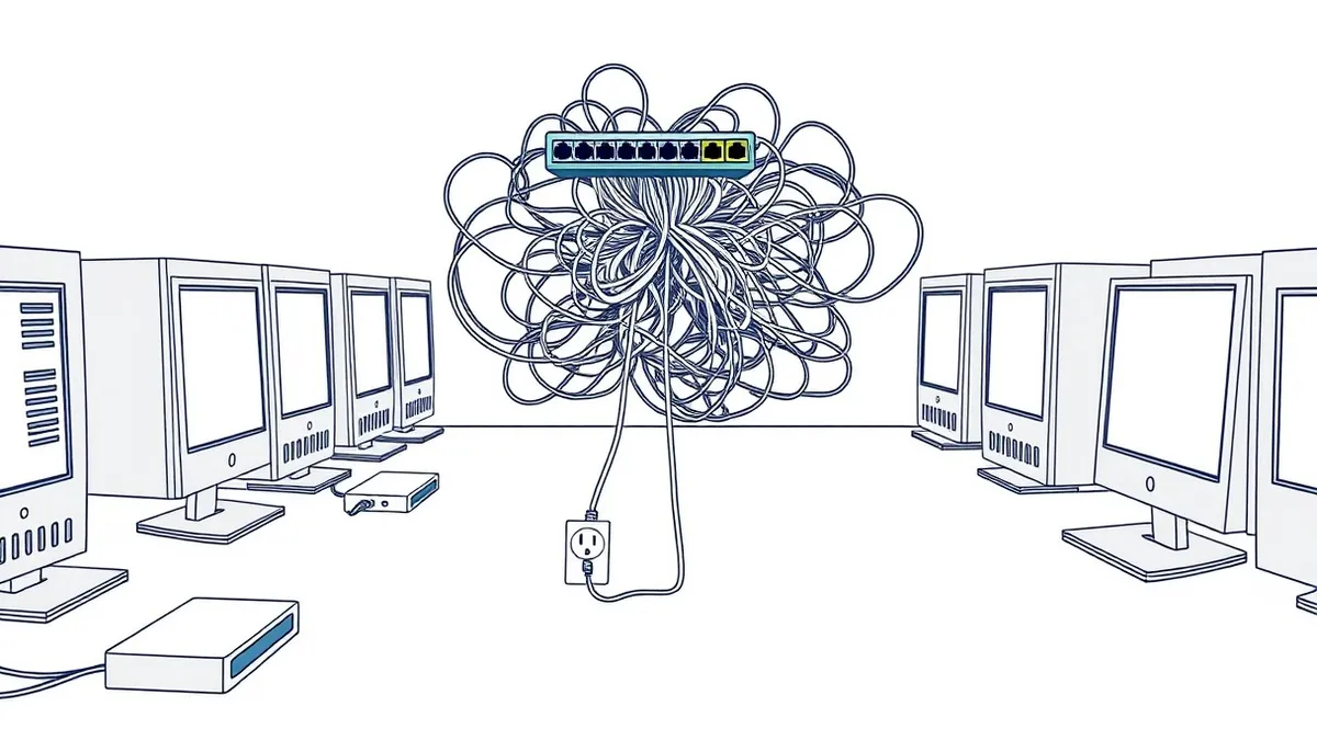 Illustration: A chaotic tangle of tangled cables spills from a single network switch, disrupting the neat orderly rows of connected devices.