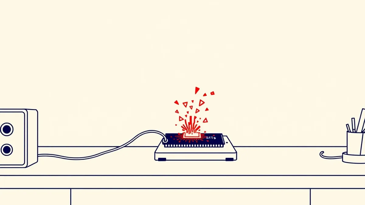 Illustration: A small embedded circuit board sits on a workbench, connected by thin wires to a power source.