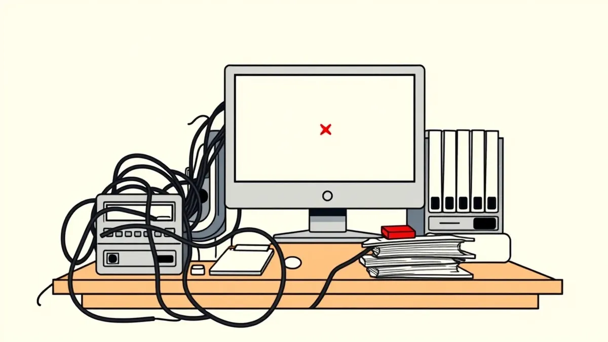 Illustration: A desktop computer monitor sits on a cluttered wooden desk, displaying a blank white application window with a single, ominous red cursor blinking in the center.