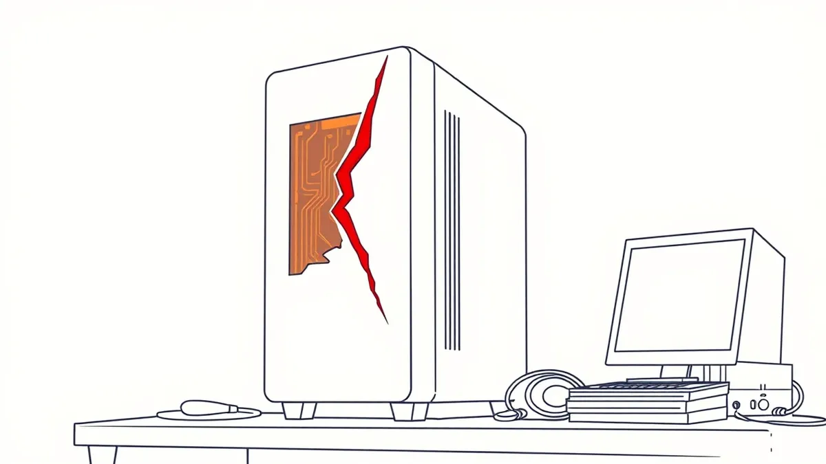 Illustration: A sleek white server tower sits on a cluttered desk.