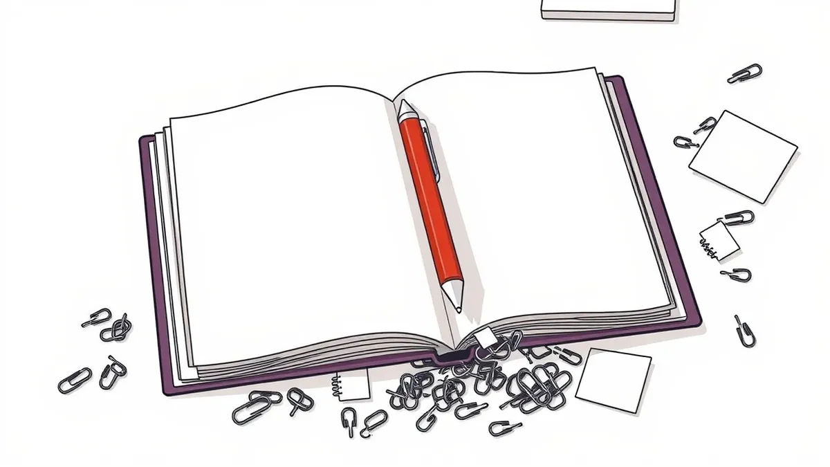 Illustration: An open binder lies on a desk next to a tangled heap of paper clips and scattered index cards.