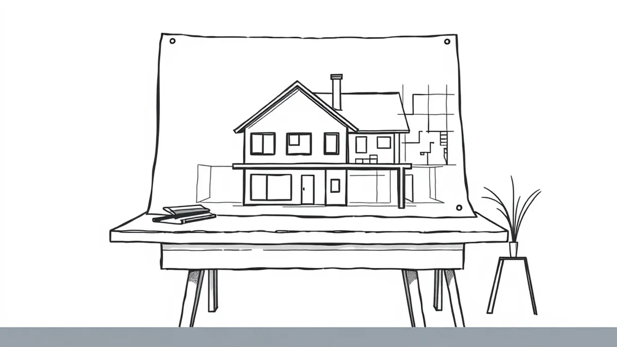 Illustration: A simple charcoal sketch of a house sits on a drafting table, slowly transforming into precise, grid-lined architectural plans.