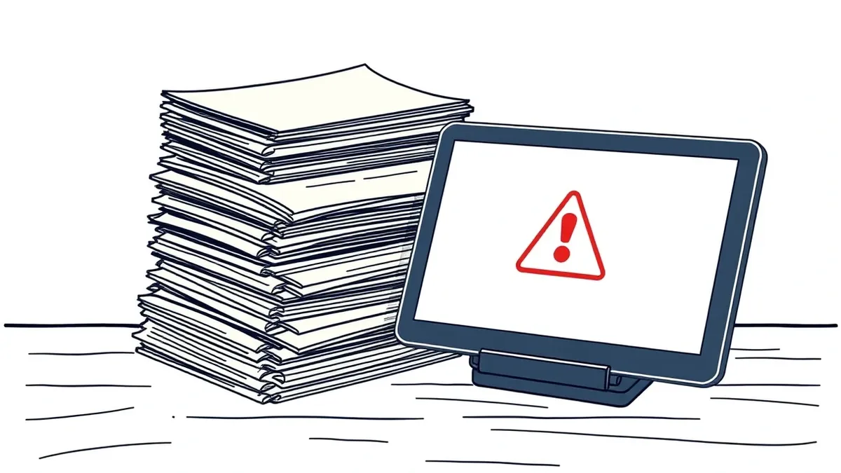 Illustration: A stack of aged, yellowed paper files sits on a dusty wooden desk next to a modern, sleek tablet displaying a blank, red warning icon.