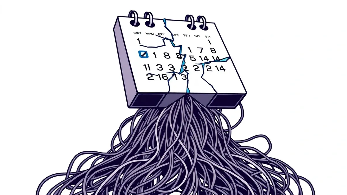 Illustration: A cracked calendar tile floats above a tangled nest of database cables.