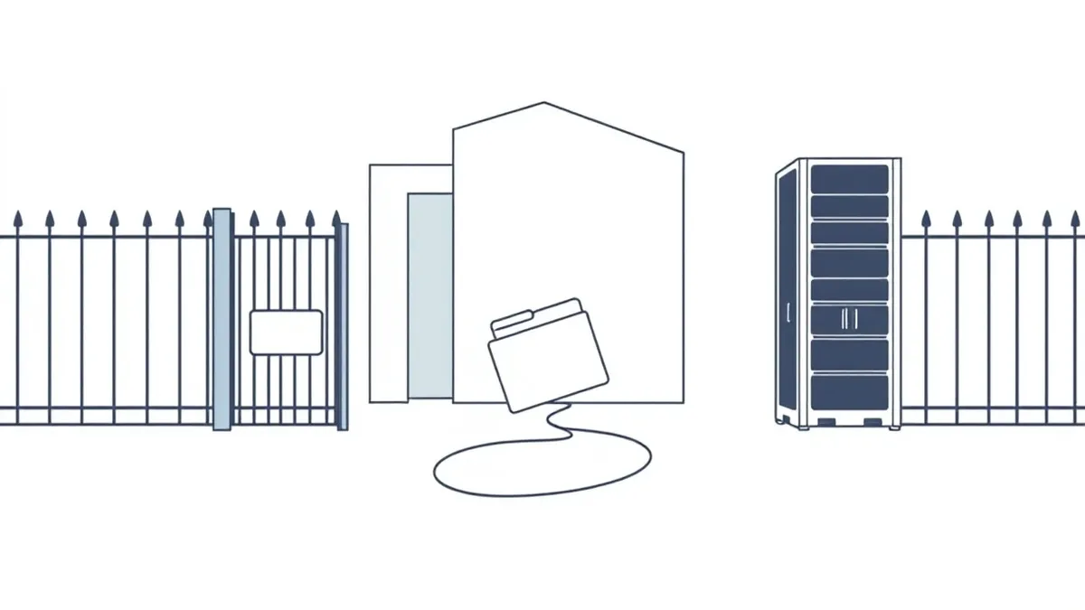 Illustration: A sleek white office building sits behind an iron fence as a jagged digital wedge pries through the gate.