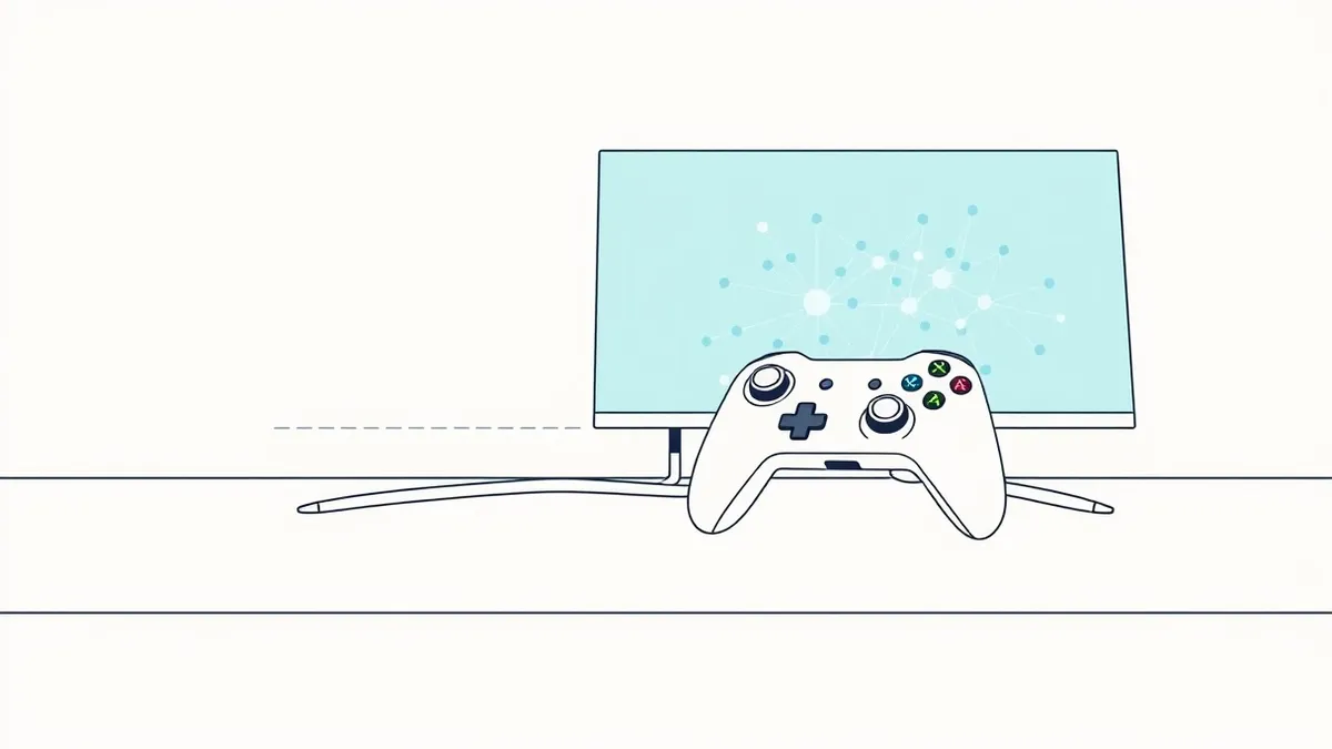 Illustration: A sleek, unbranded game controller rests on a clean white desk next to a large monitor displaying an abstract neural network visualization.