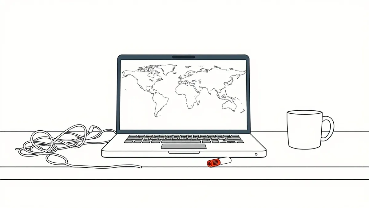 Illustration: An open laptop sits on a wooden desk beside a tangled mass of white cables and a ceramic mug.