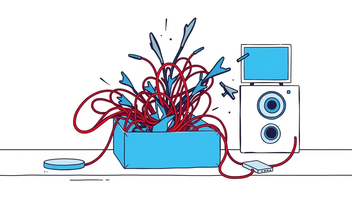 Illustration: A pristine blue software installation box sits cracked open on a wooden desk.