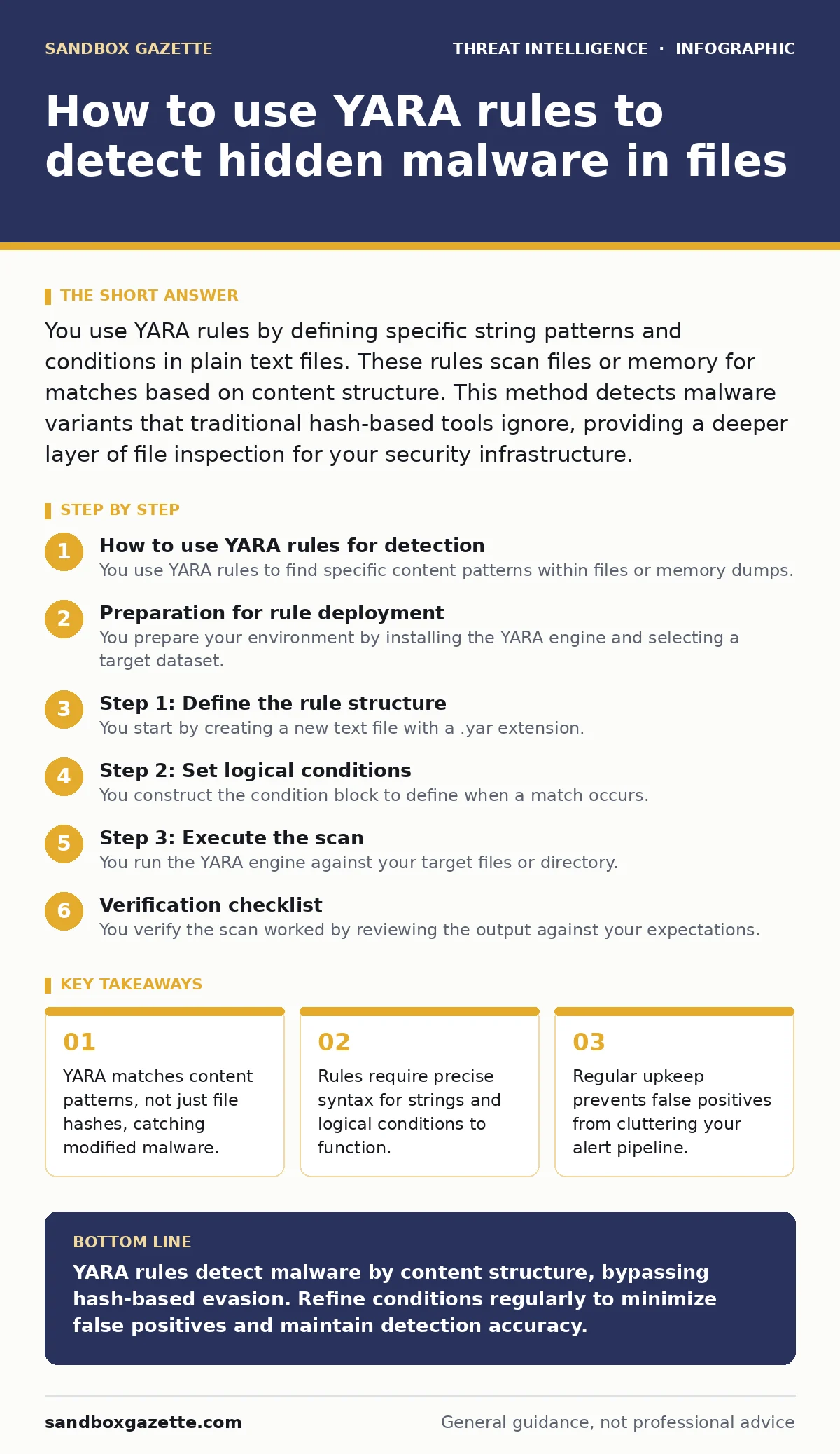 Infographic: How to use YARA rules to detect hidden malware in files. YARA matches content patterns, not just file hashes, catching modified malware. Rules require precise syntax for strings and logical conditions to function. Regular upkeep prevents false positives from cluttering your alert pipeli
