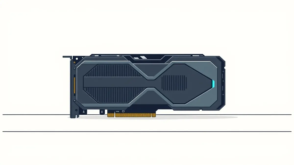 Illustration: A dark metallic graphics processing unit sits on a clean white surface.