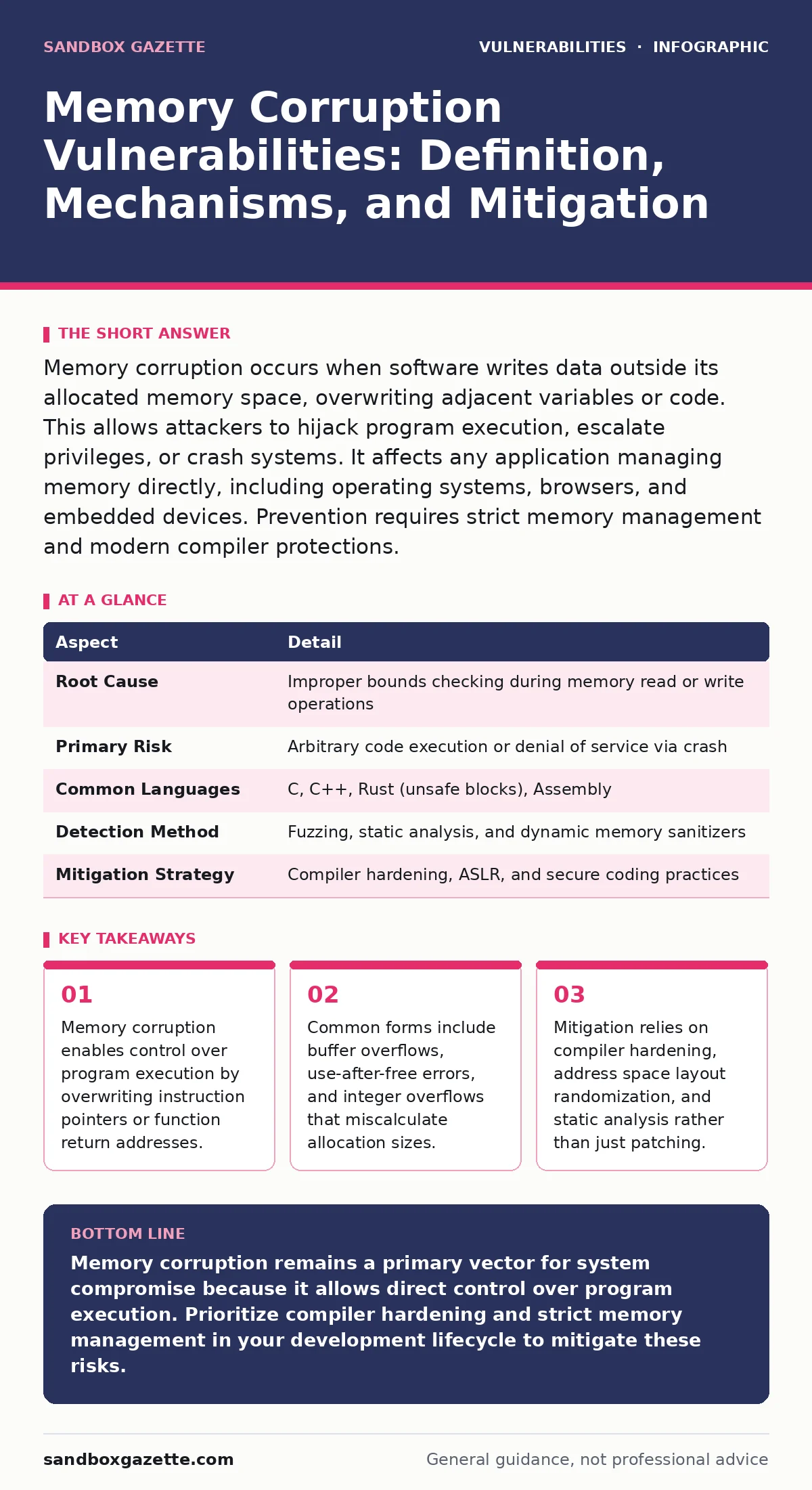 Infographic: Memory Corruption Vulnerabilities: Definition, Mechanisms, and Mitigation. Memory corruption enables control over program execution by overwriting instruction pointers or function return addresses. Common forms include buffer overflows, use-after-free errors, and integer overflows that