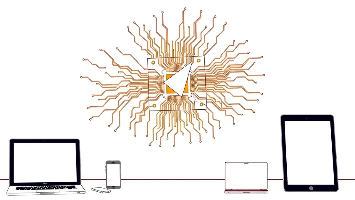 Illustration: A translucent circuit board floats in midair, its intricate copper traces unraveling into chaotic, tangled threads.