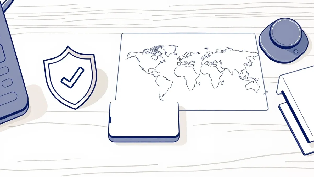 Illustration: A blank smartphone rests on a wooden desk next to a stylized shield icon and a simplified world map.