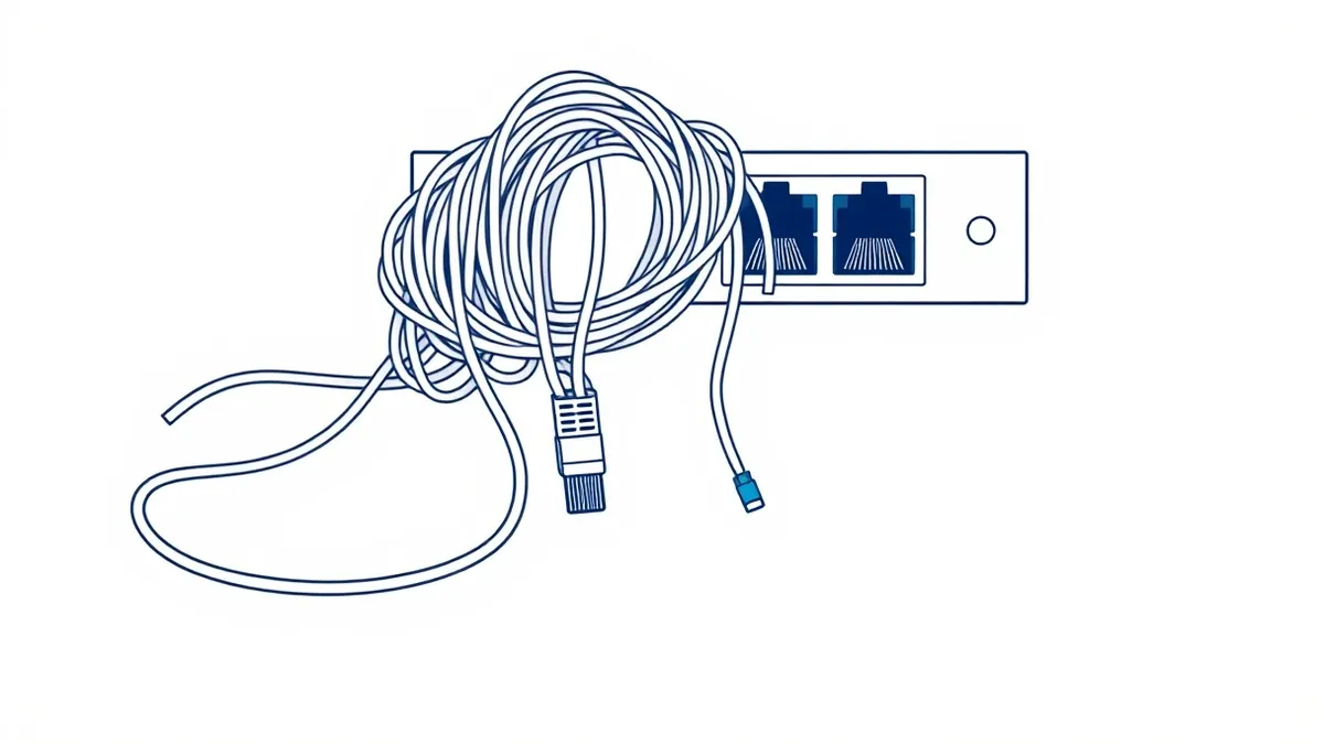 Illustration: A tangled knot of grey ethernet cables spills from a blank network switch port onto a sterile white desk.