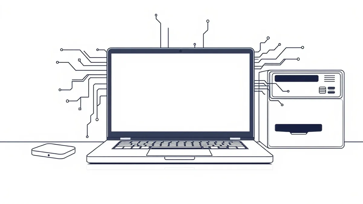 Illustration: A sleek black laptop sits on a polished desk with its blank screen glowing softly.