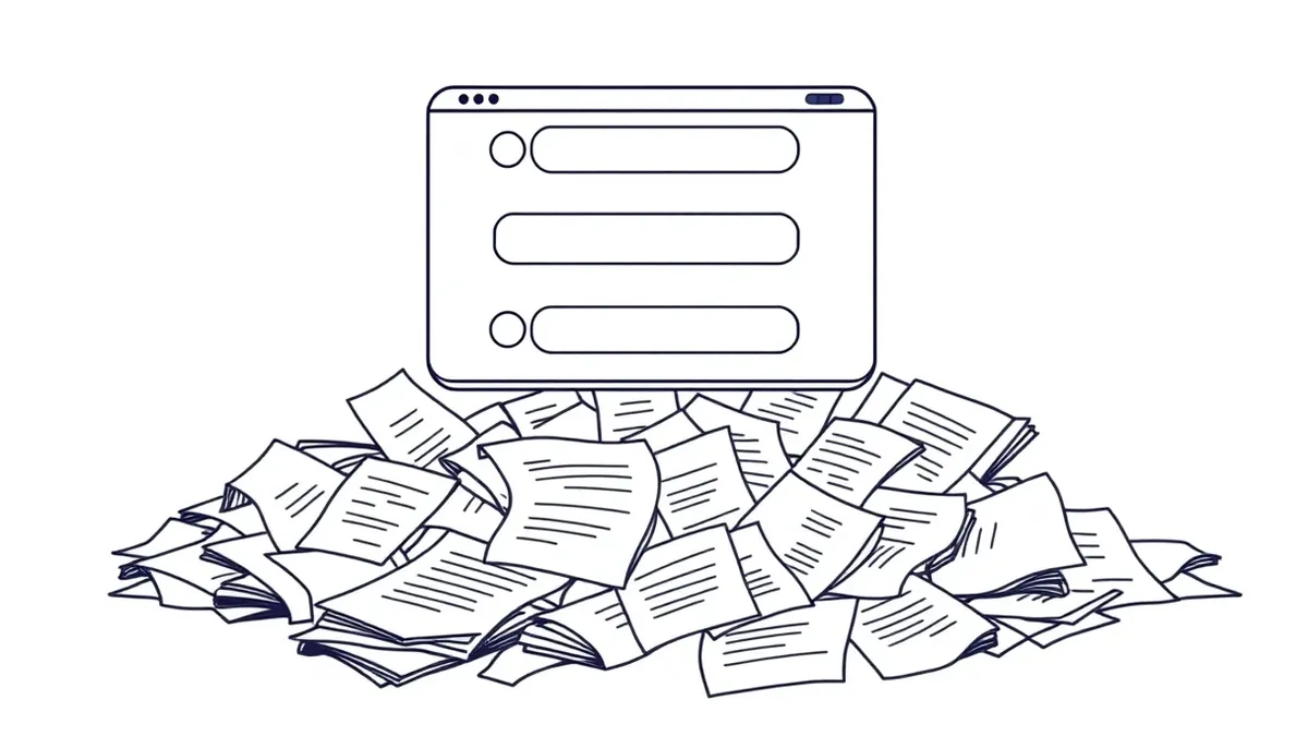Illustration: A sleek chat interface floats above a chaotic pile of legal paperwork and corporate documents.