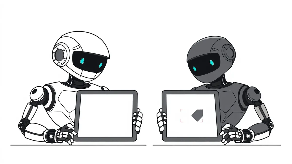 Illustration: A split composition shows two distinct robotic helpers working side by side on identical blank tablets.
