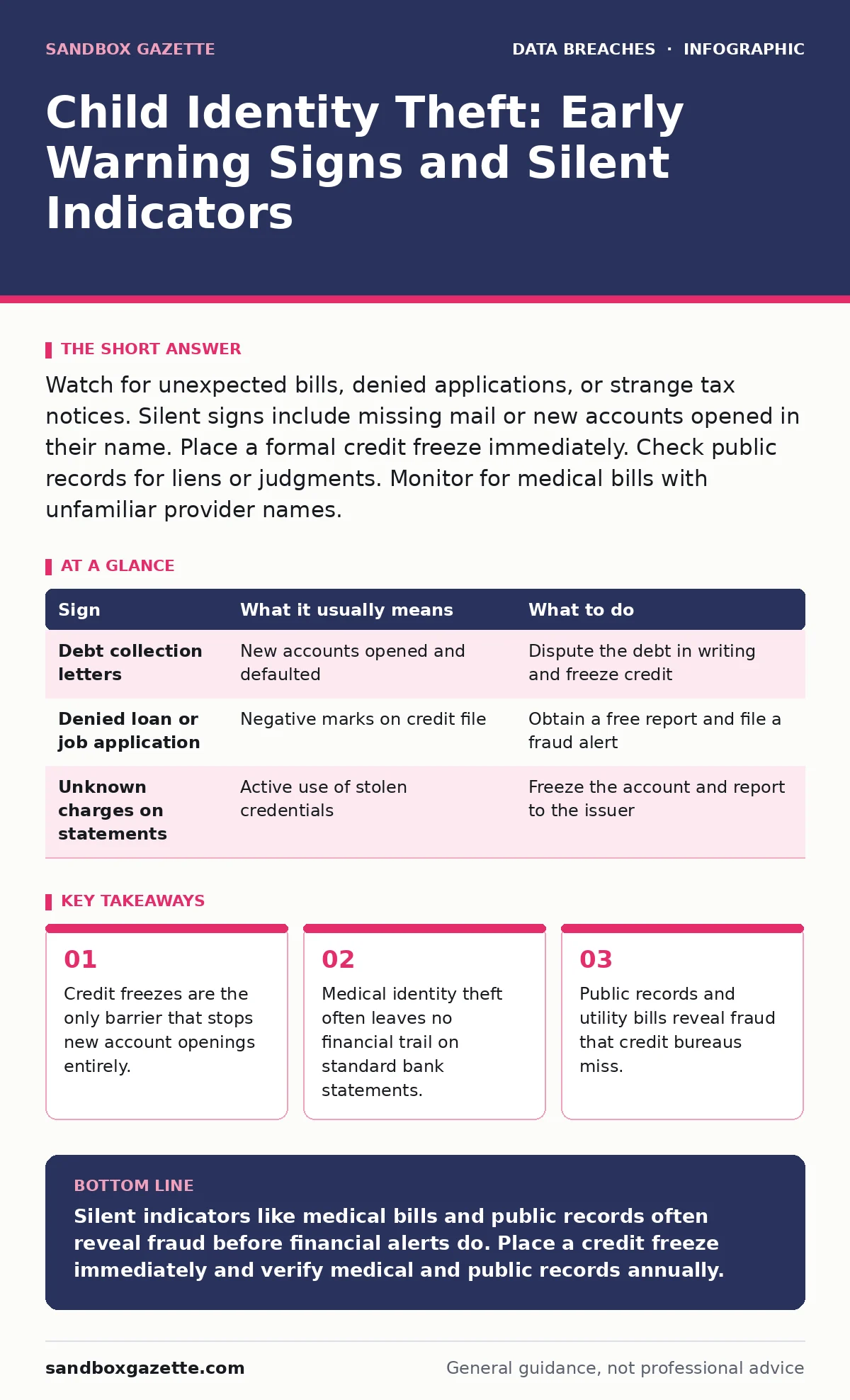 Infographic: Child Identity Theft: Early Warning Signs and Silent Indicators. Credit freezes are the only barrier that stops new account openings entirely. Medical identity theft often leaves no financial trail on standard bank statements. Public records and utility bills reveal fraud that credit bu