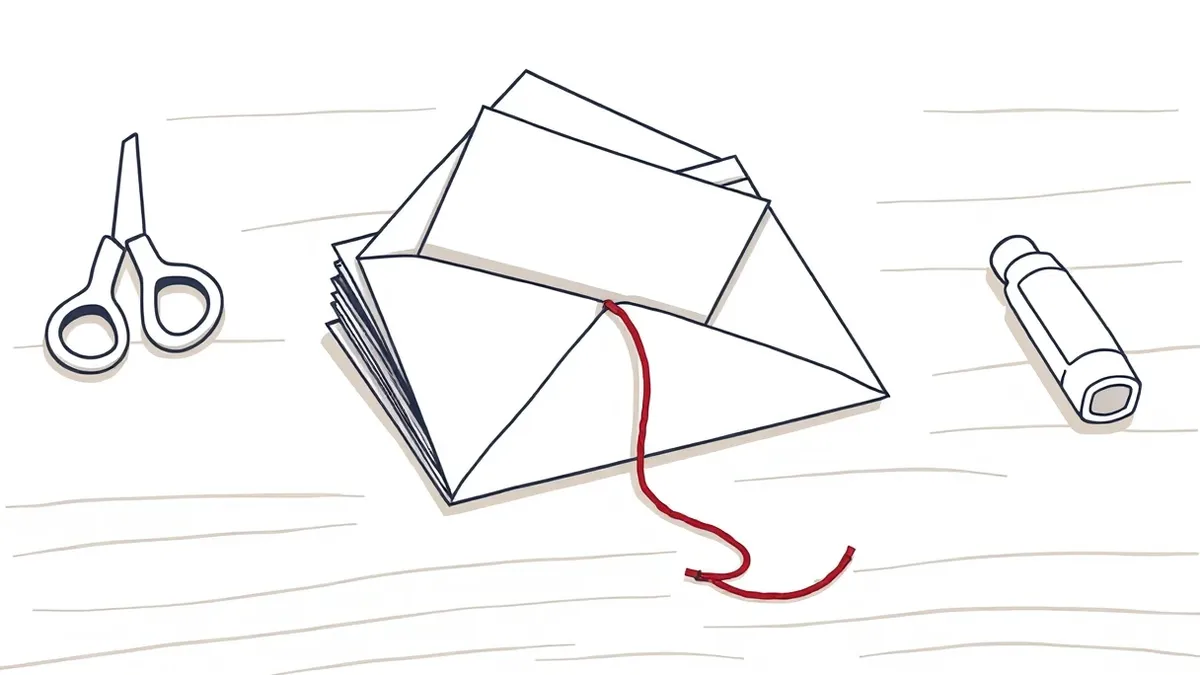 Illustration: A stack of blank paper envelopes rests on a wooden kitchen table, next to a pair of scissors and a glue stick.
