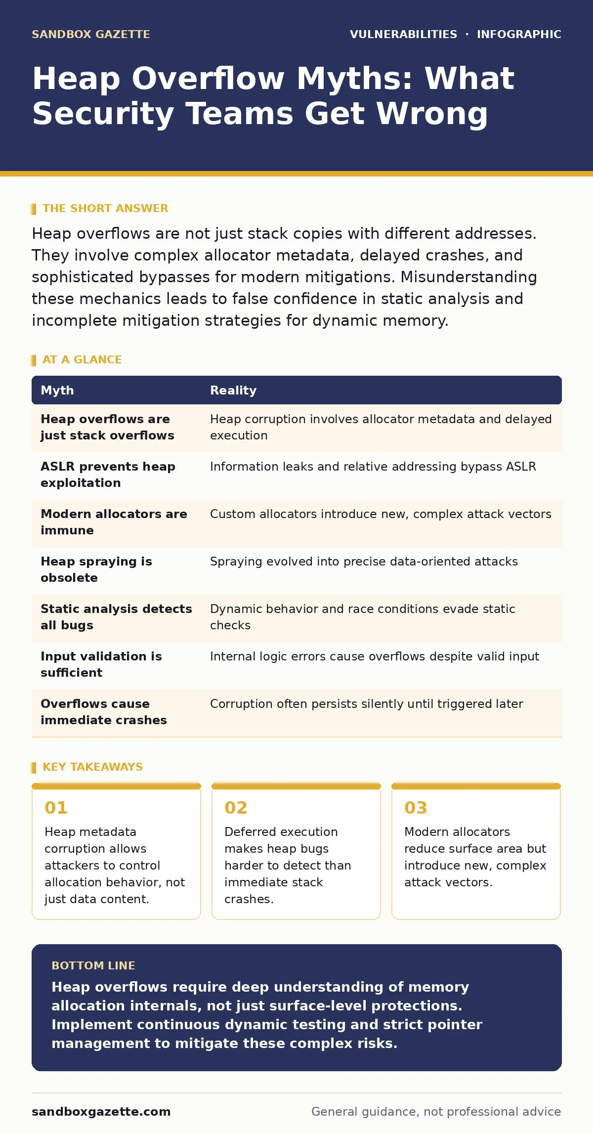 Infographic: Heap Overflow Myths: What Security Teams Get Wrong. Heap metadata corruption allows attackers to control allocation behavior, not just data content. Deferred execution makes heap bugs harder to detect than immediate stack crashes. Modern allocators reduce surface area but introduce new,