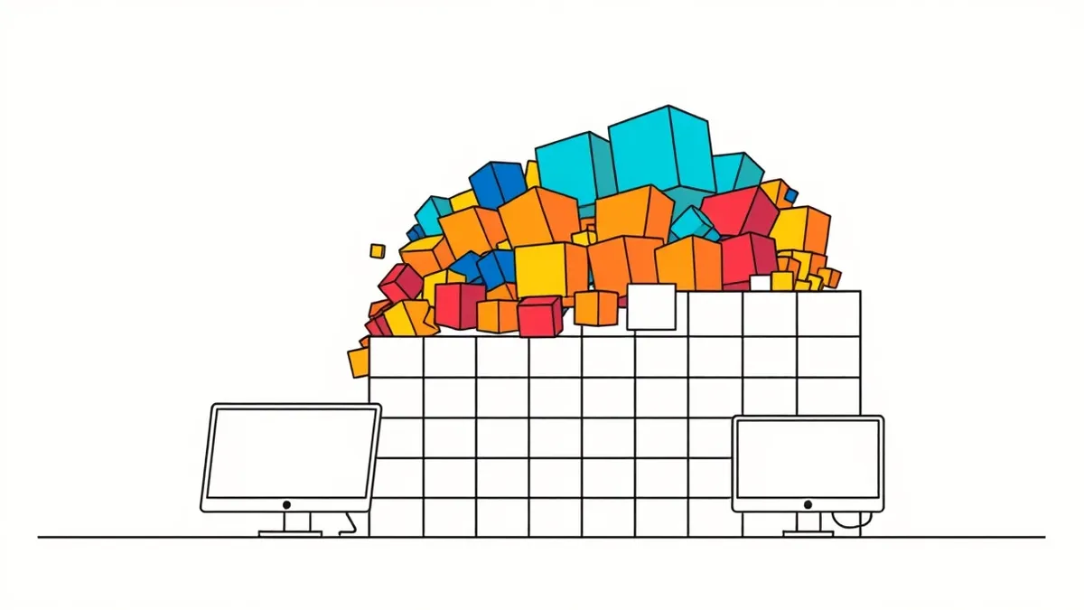 Illustration: A tangled mass of colorful geometric blocks spills over the edge of a rigid, orderly grid structure.