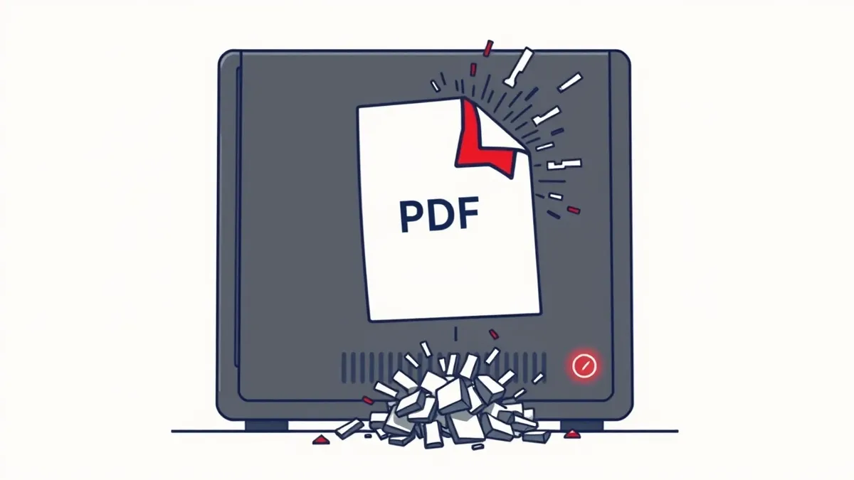 Illustration: A blank PDF document icon rests on a sleek black server tower.
