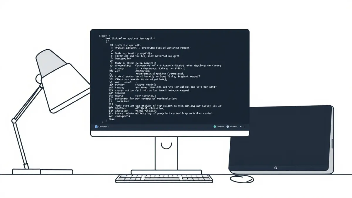 Illustration: A sleek command line interface window sits on a dark desktop, displaying clean code syntax and a small local neural network icon.