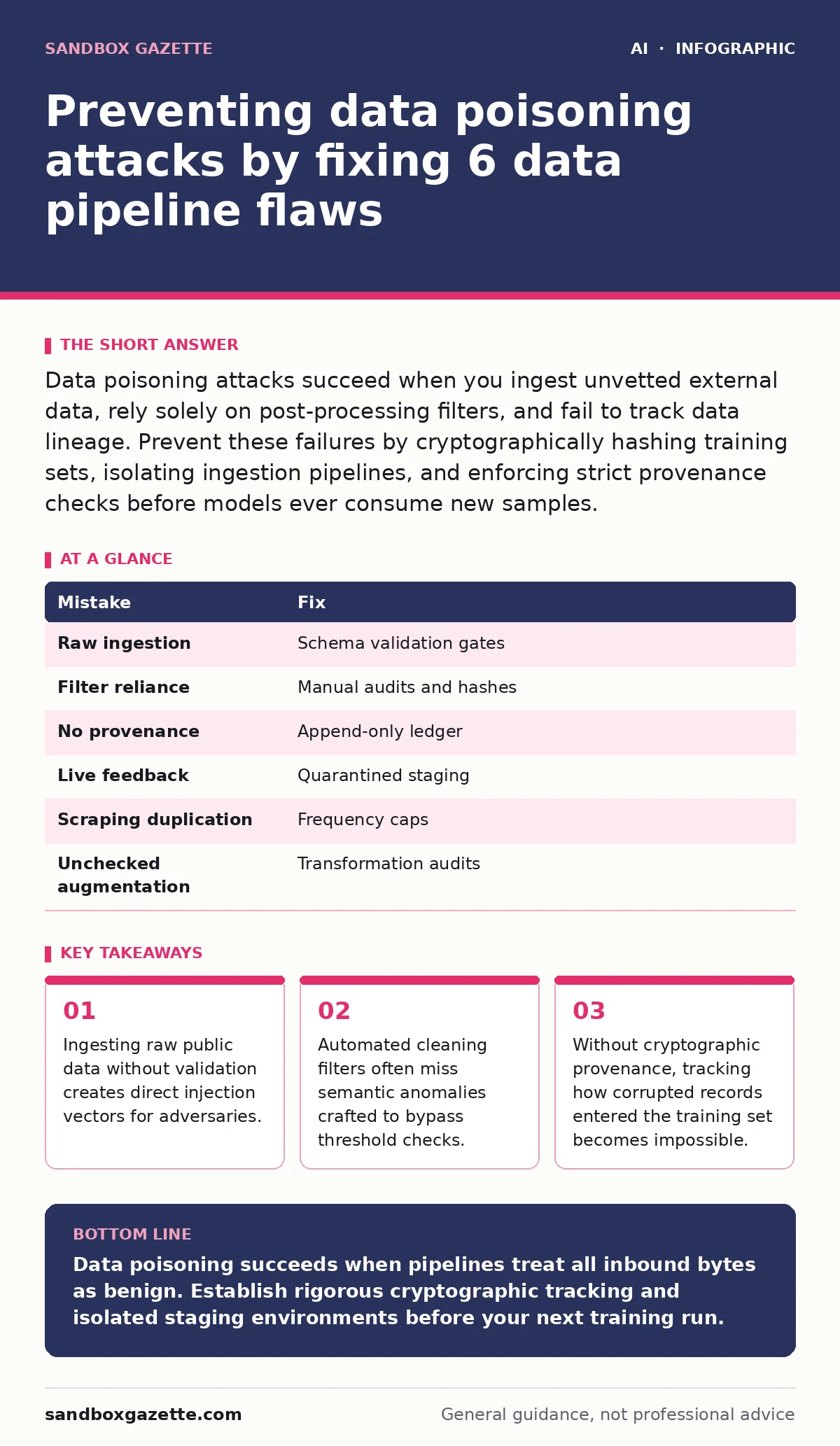 Infographic: Preventing data poisoning attacks by fixing 6 data pipeline flaws. Ingesting raw public data without validation creates direct injection vectors for adversaries. Automated cleaning filters often miss semantic anomalies crafted to bypass threshold checks. Without cryptographic provenance