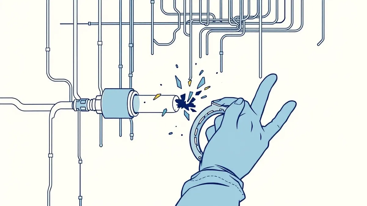 Illustration: A complex network of translucent tubes carries glowing data particles toward a central processing unit.