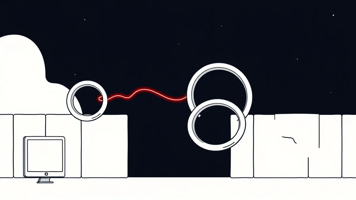 Illustration: A series of interlocking metallic rings floats in dark space, each linked to the next by a thin, glowing thread of red light.